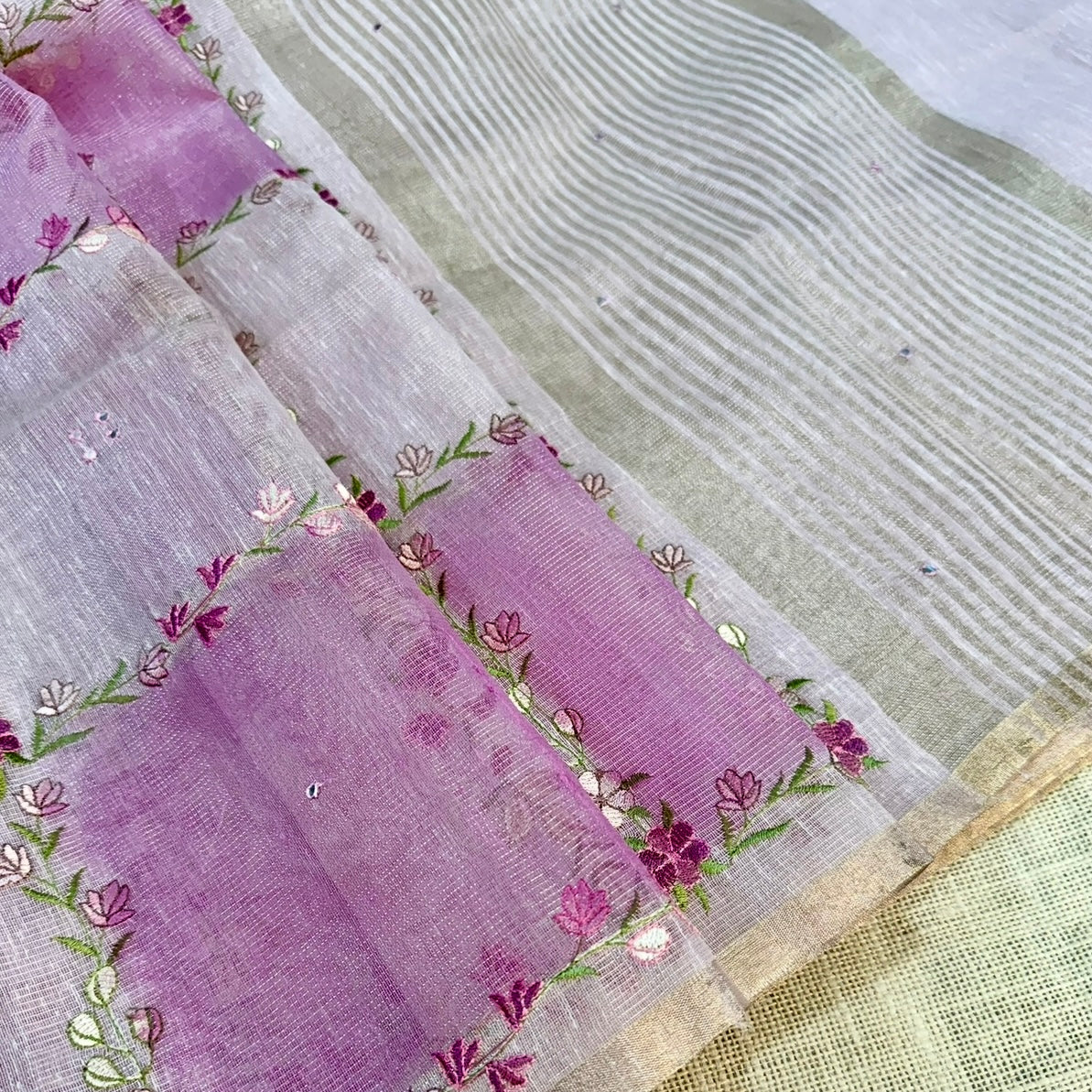 Pink Floral Embroidery Tissue Linen Saree
