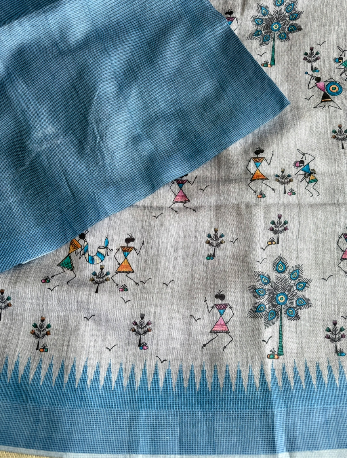 Light Blue Warli Print Semi Tussar Saree