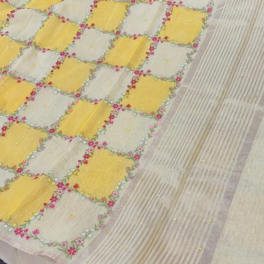 Yellow Floral Embroidery Tissue Linen Saree