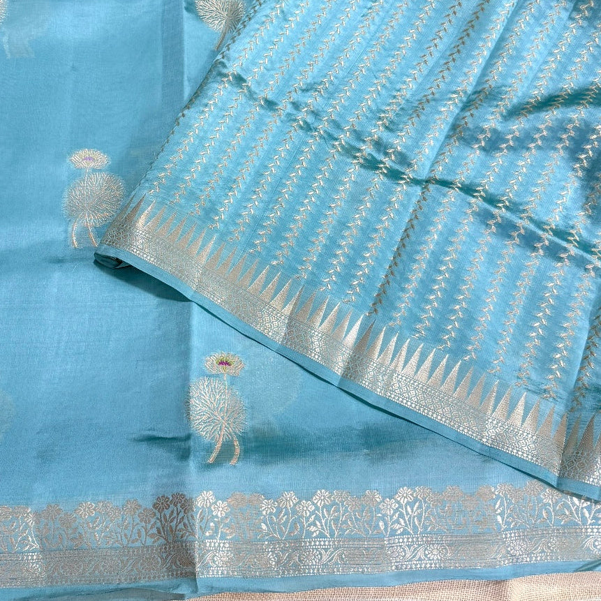 Pastel Blue Lotus Kora Silk Saree - Vini’s Ethnic