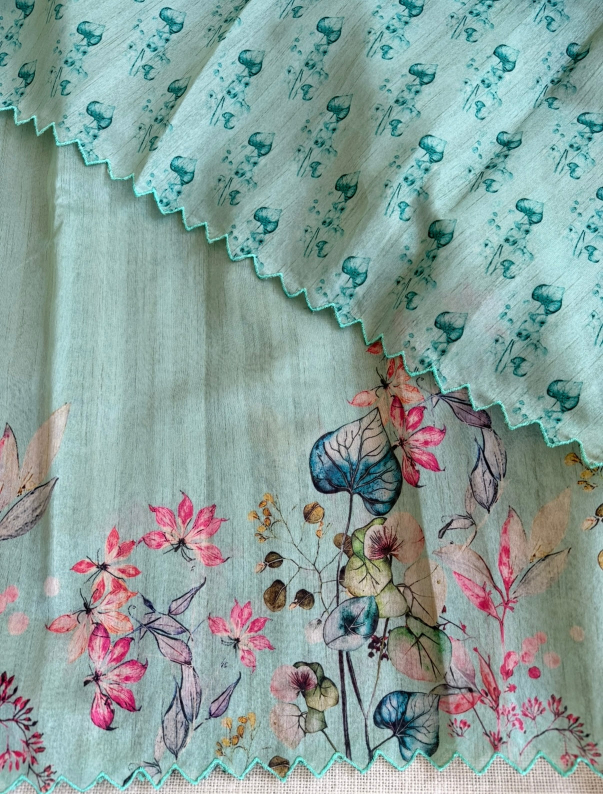 Sea Green Floral Semi Tussar Saree