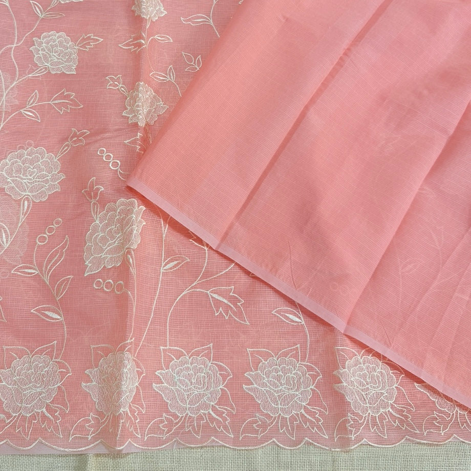 Peach Kota Embroidery Saree Scallop border 