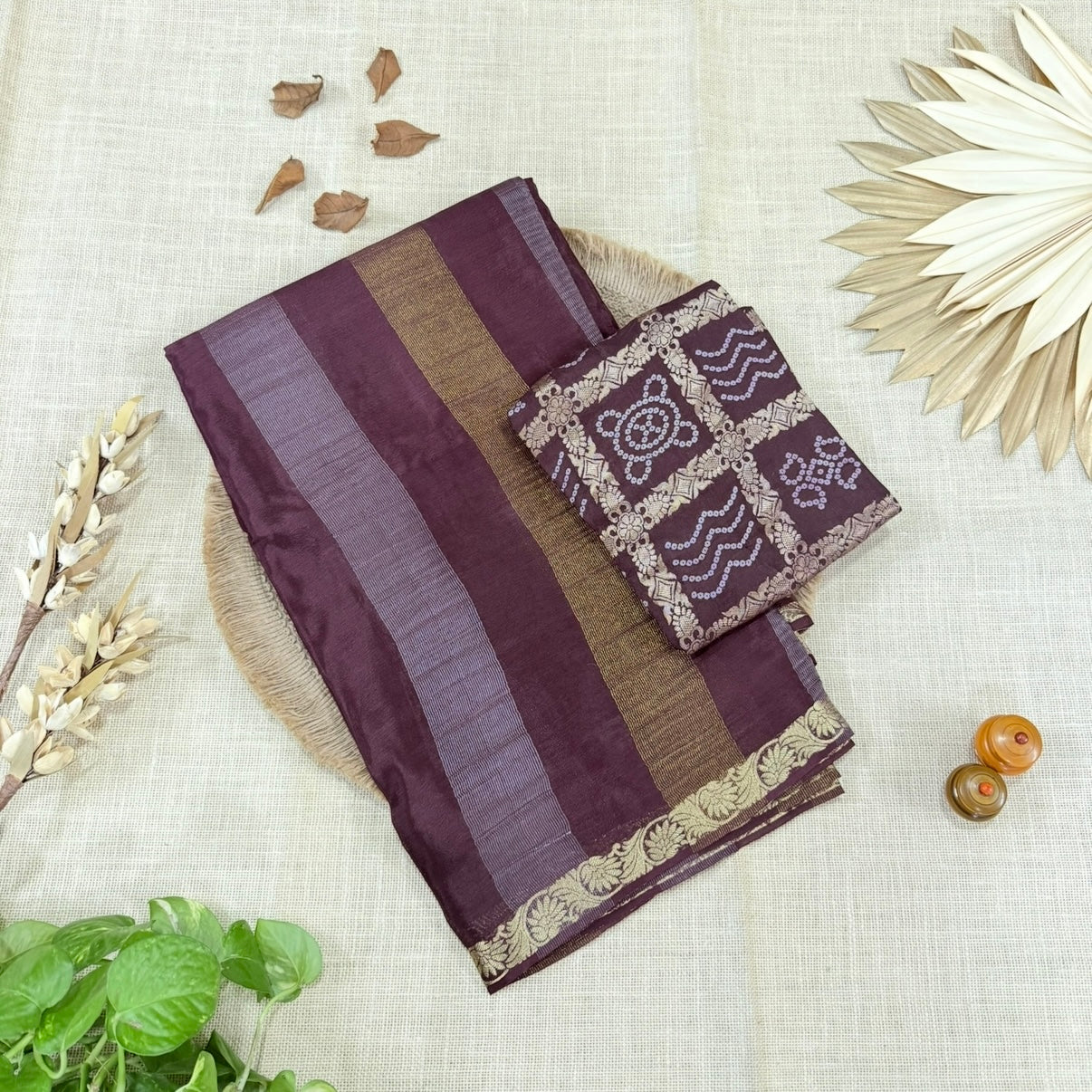 Brown Zari Stripes Chinnon Silk Saree