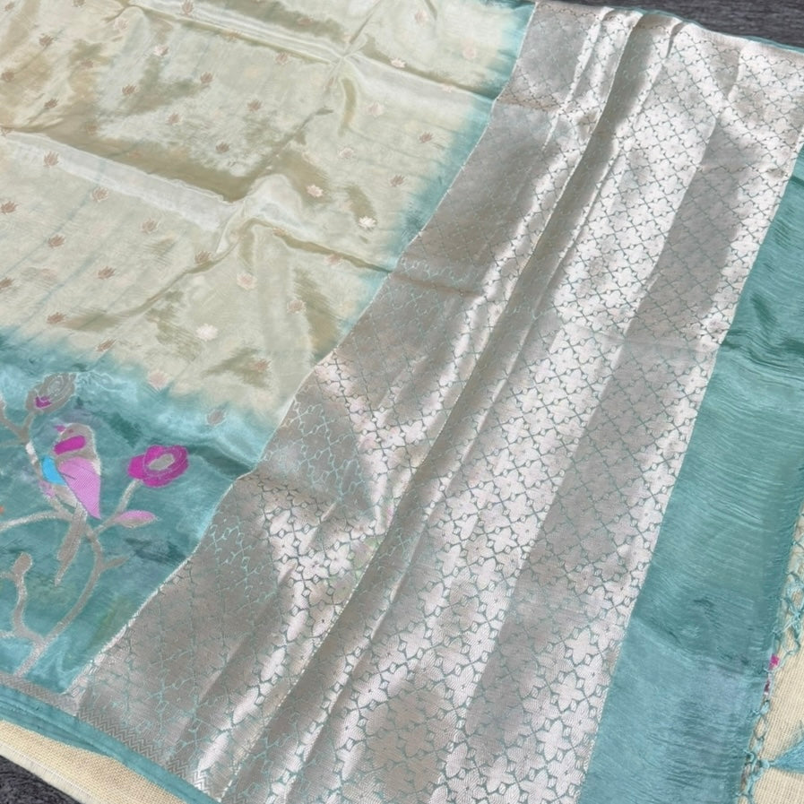 Sea Green Off White Floral Paper Silk Saree