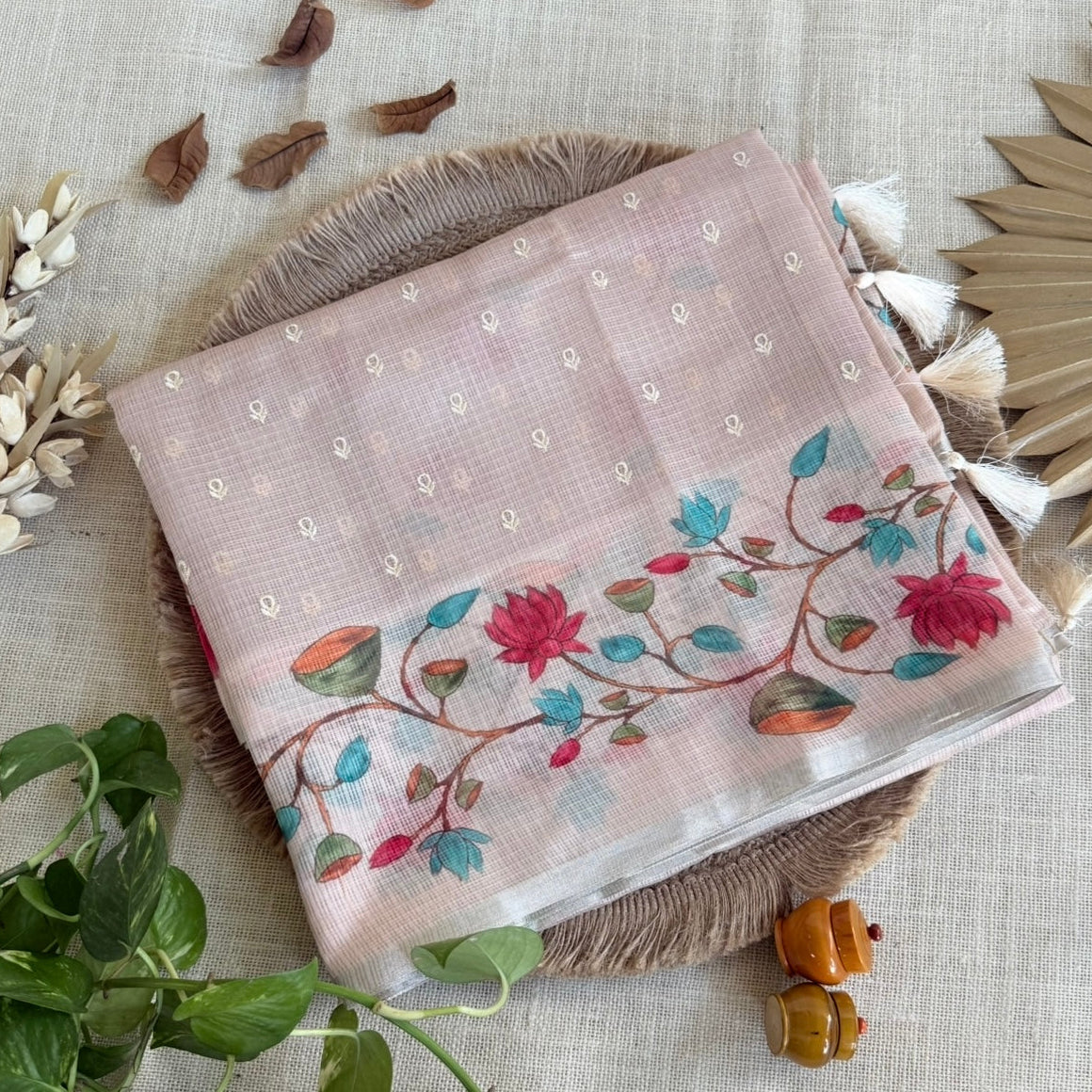 Beige Floral lotus embroidery fancy saree