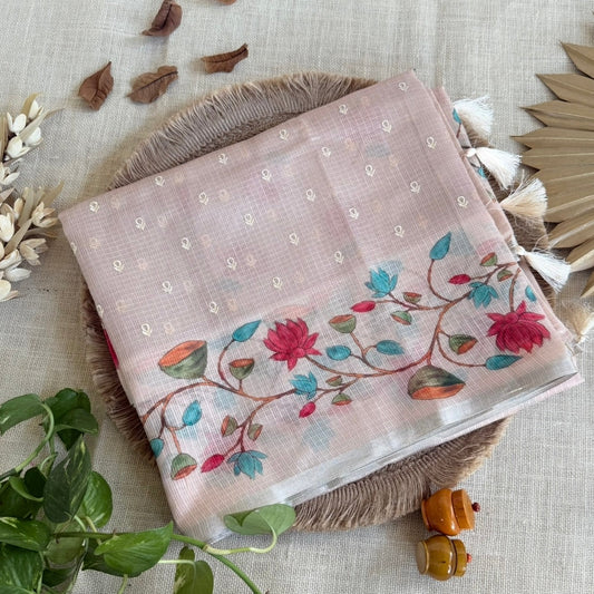 Beige Floral lotus embroidery fancy saree