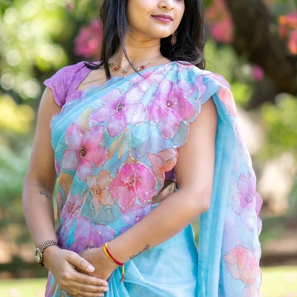 Sky Blue Floral Embroidery Linen Sequin Saree