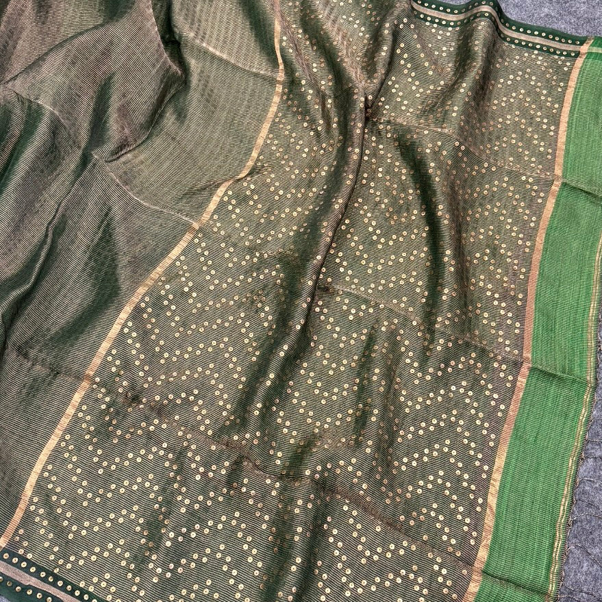 Emerald Green Pure Muslin Tissue Sequin Saree