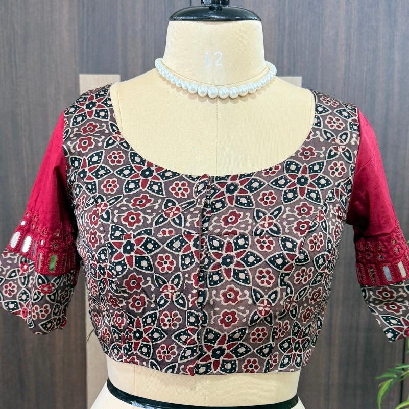 Earthy Beige with Maroon Ajrakh Modal Mirror Embroidery Blouse