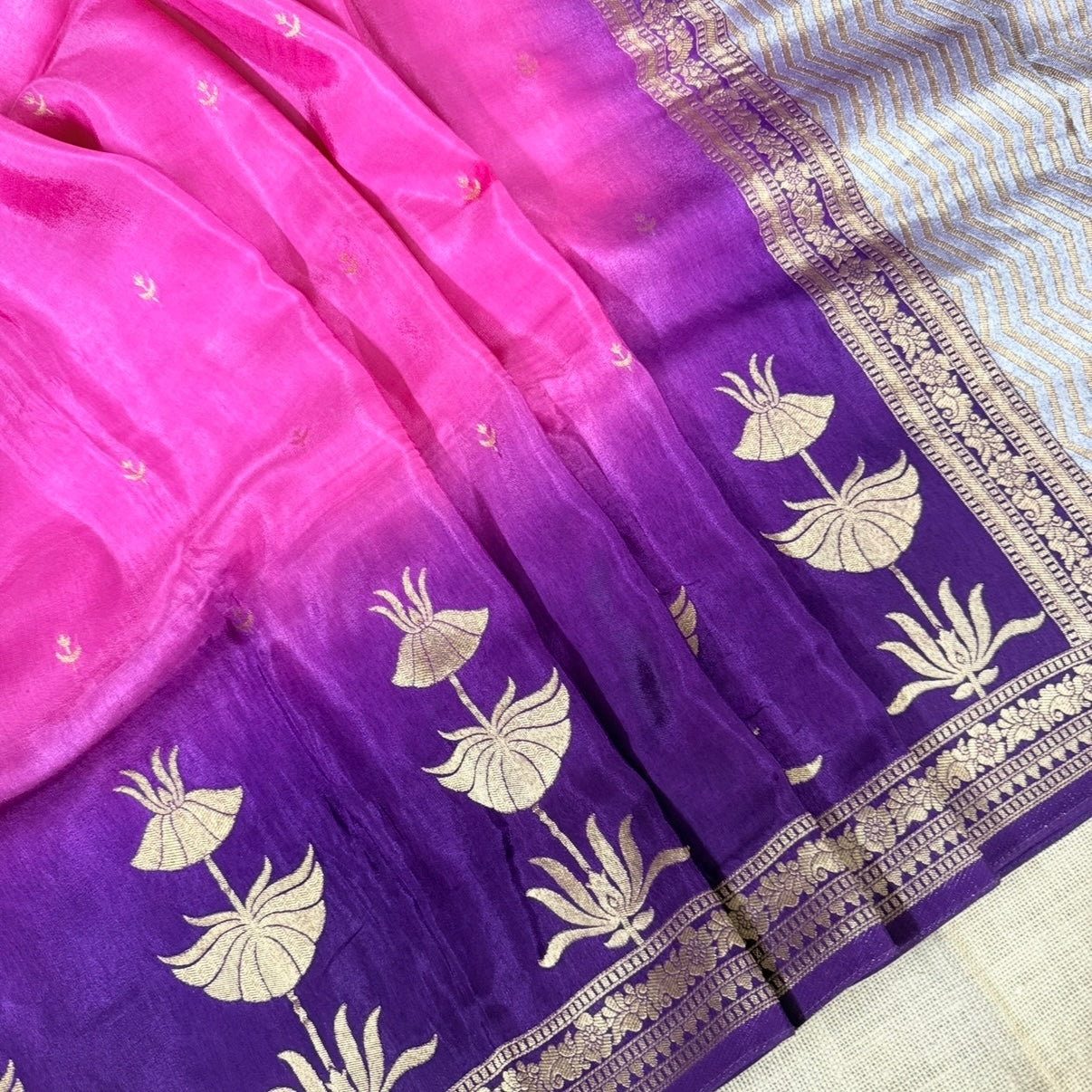 Pink with Purple Pure Crepe Silk Saree