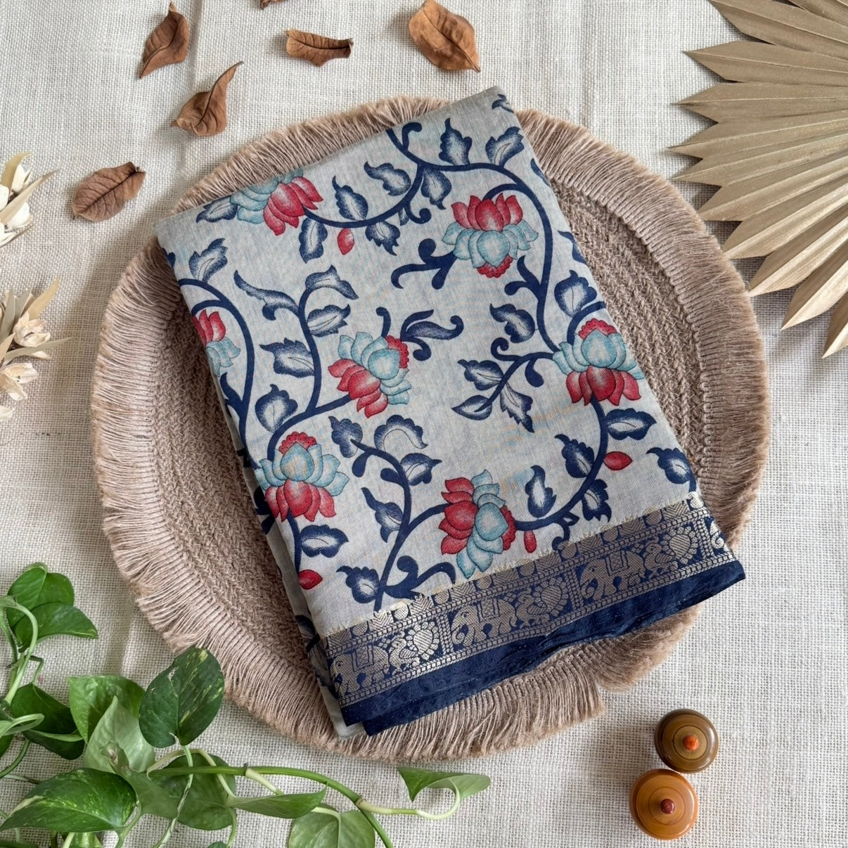 Blue Kalamkari fancy cotton saree