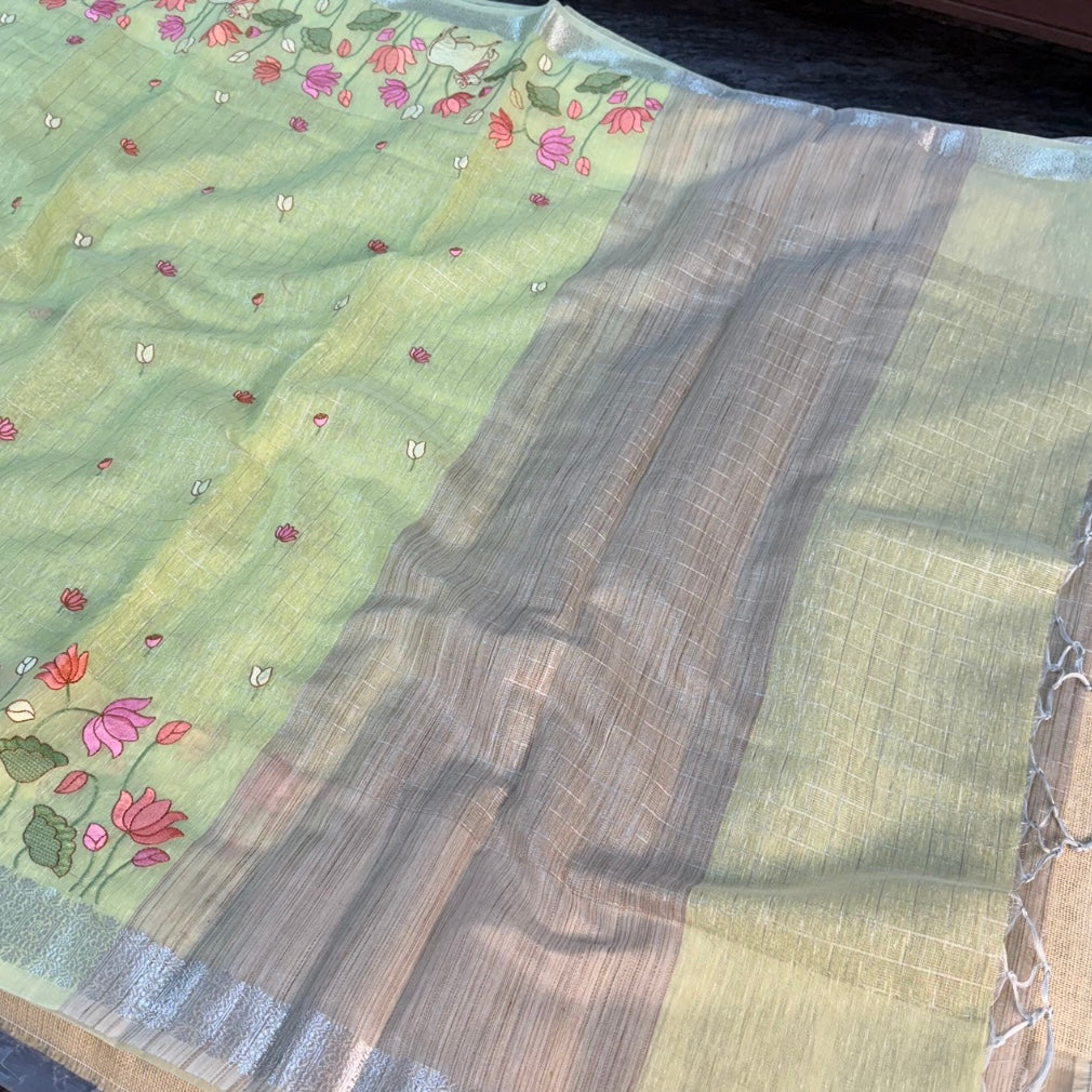 Pista Green Pichwai Tissue Semi Tussar Saree