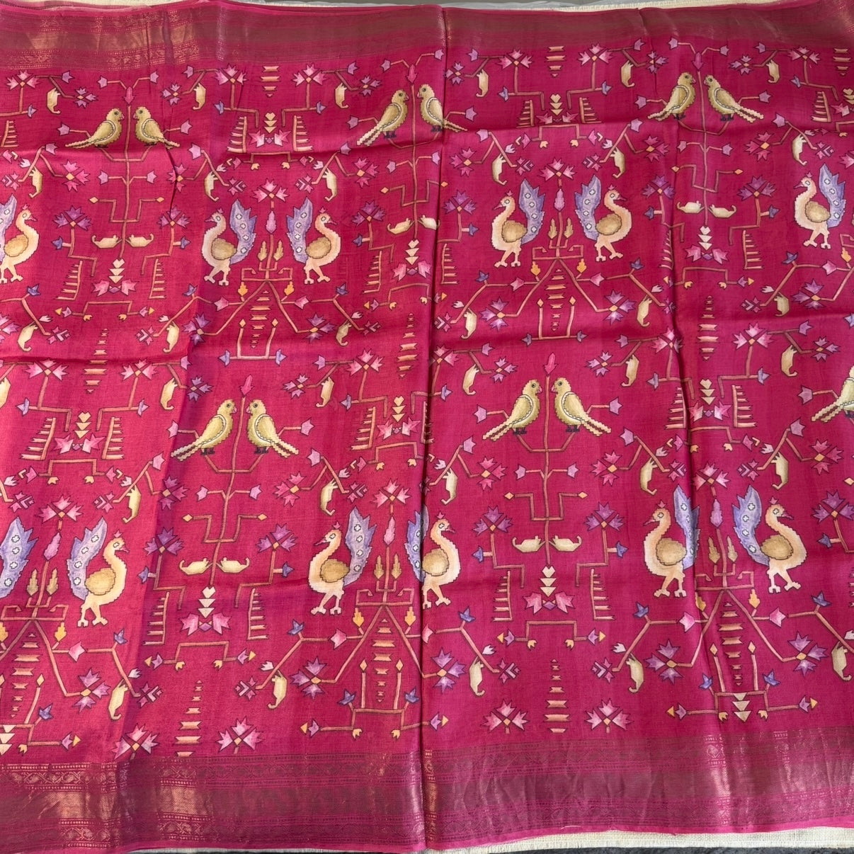 Rich Pink Digital Printed Pure Tussar Silk