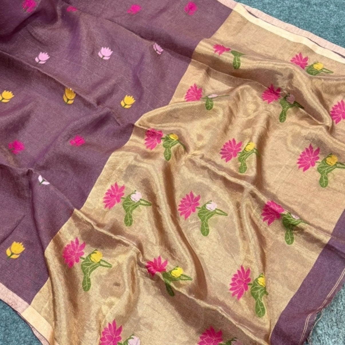 Wine Tissue Linen Lotus Jamdhani Silk Saree