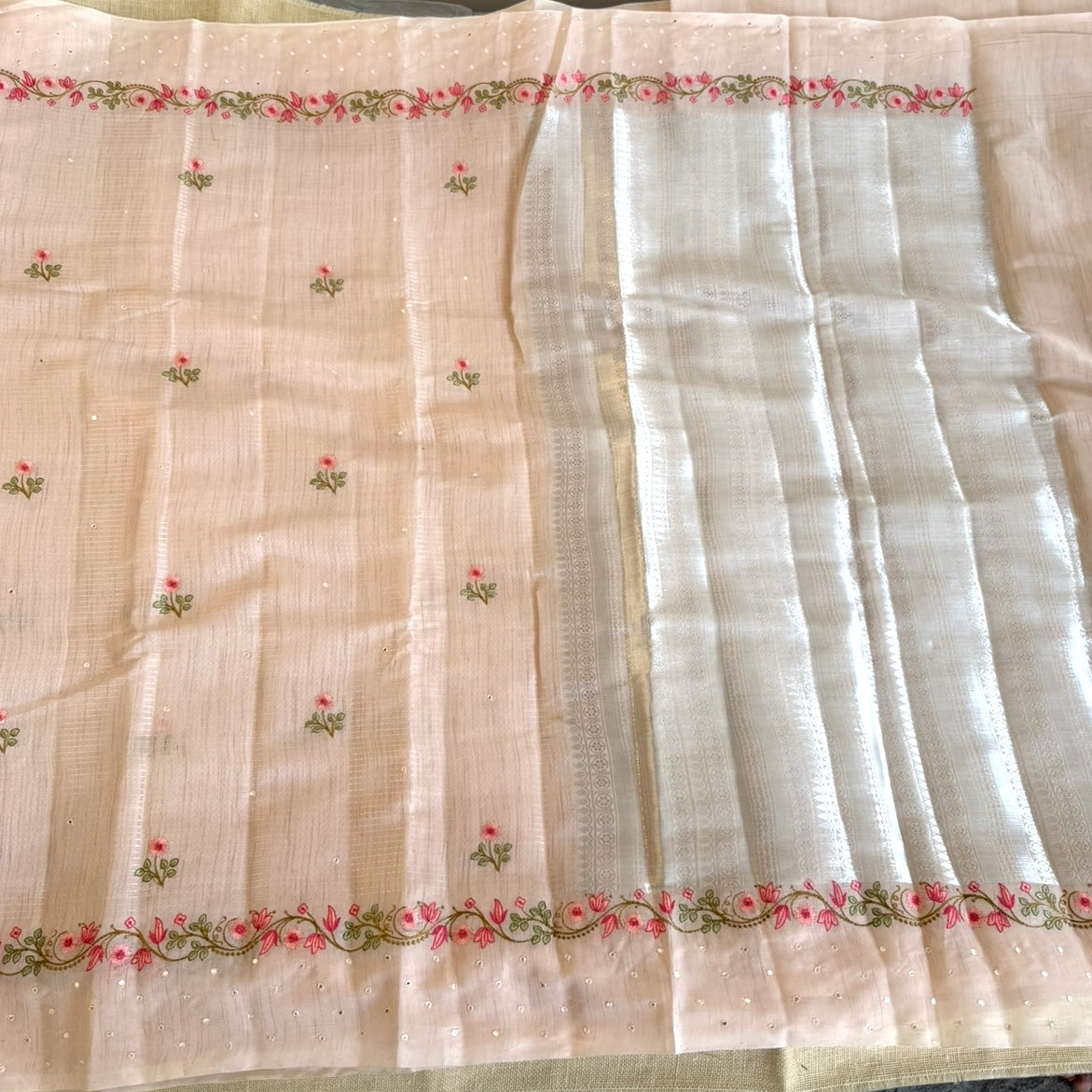 Mild Pink Floral Embroidery Linen Mirror Saree
