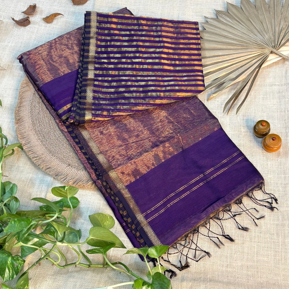 Purple Gold Stripes Maheshwari Silk Cotton Saree