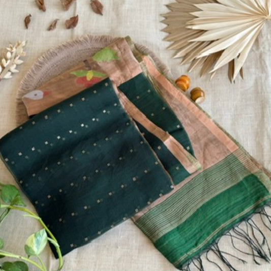 Dark Green Pure Muslin Sequin Paithani Pallu Saree