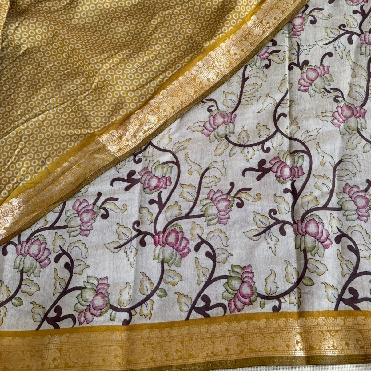 Olive Green Kalamkari Fancy Cotton Saree