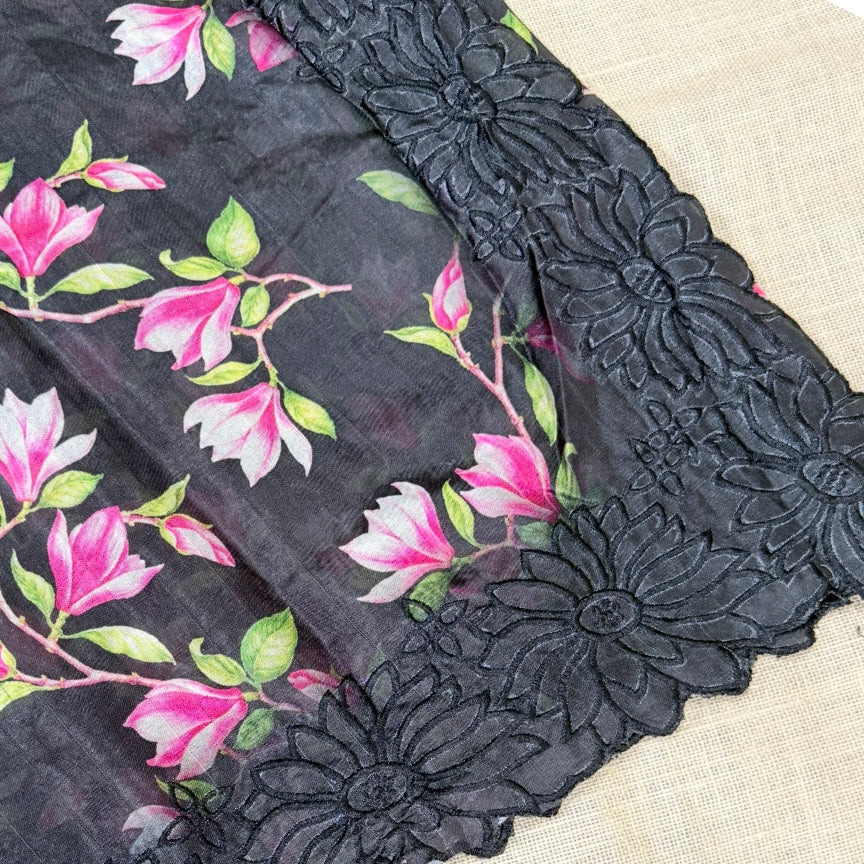 Black Floral Scallop Semi Tussar Saree