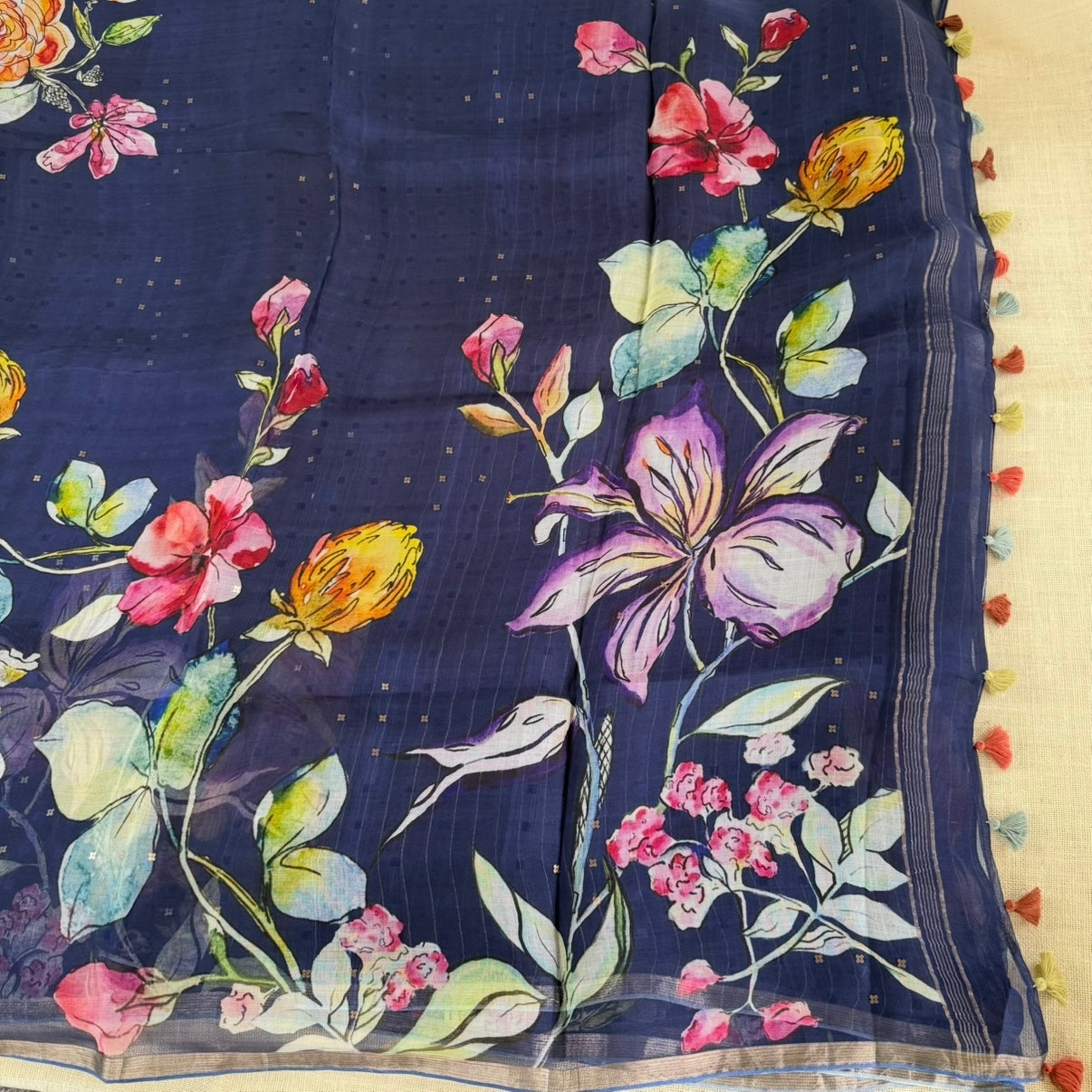 Dark Blue Floral Digital Printed Muslin Sequin Silk