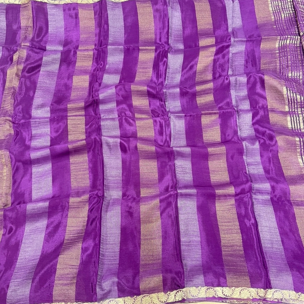 Purple Zari Stripes Chinnon Silk Saree