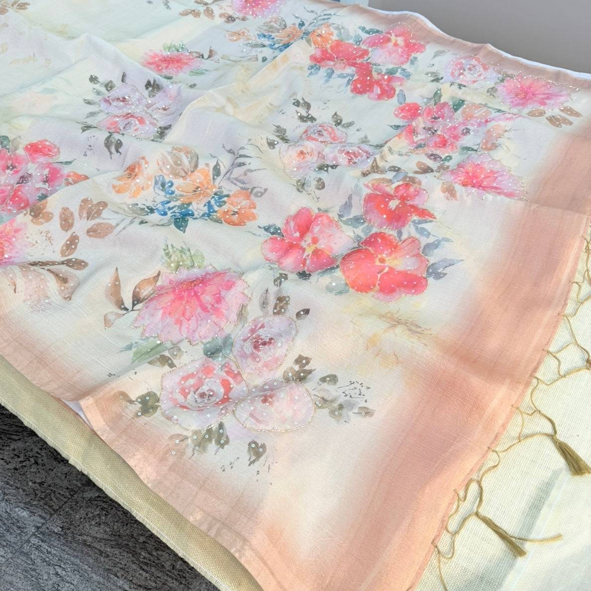Beige Fancy Crepe Designer Saree