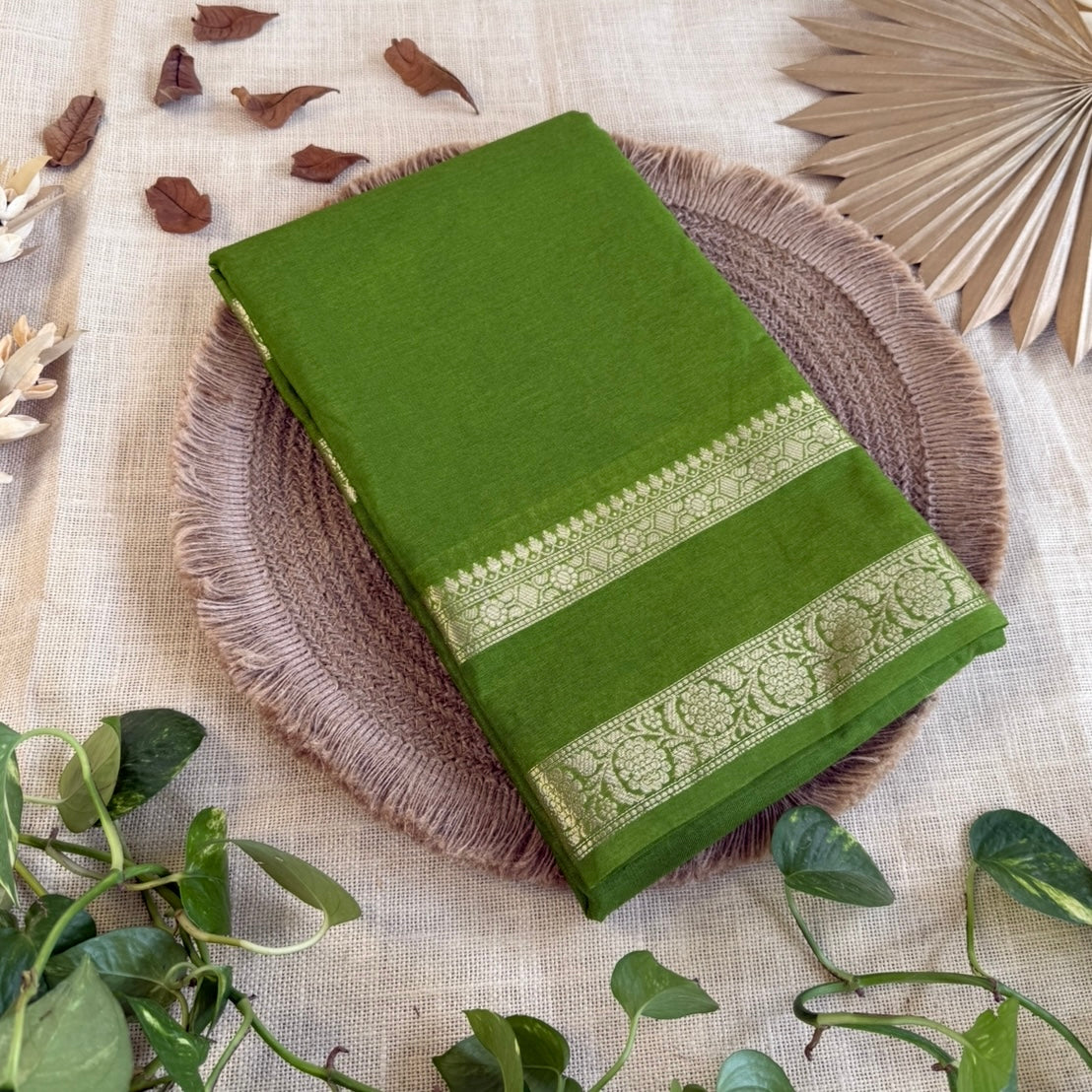 Green Plain Raw Silk Saree Checked Blouse