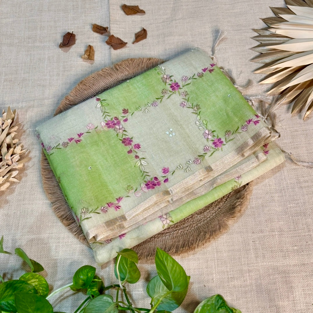 Green Floral Embroidery Tissue Linen Saree