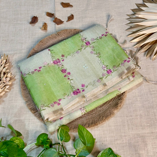Green Floral Embroidery Tissue Linen Saree