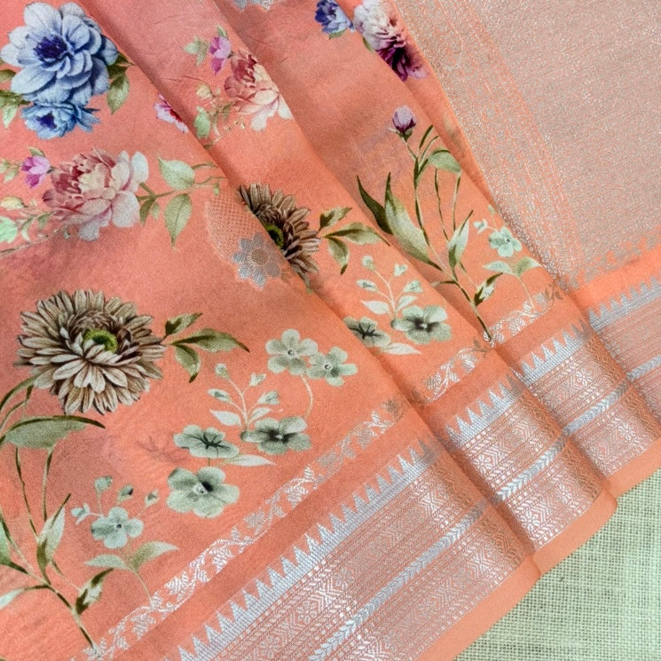 Peach with Pink Floral Ombré Digital Raw Mango Silk Saree