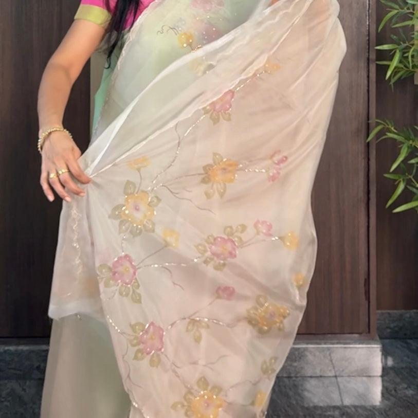Pearl Ivory Soft Organza Designer Saree