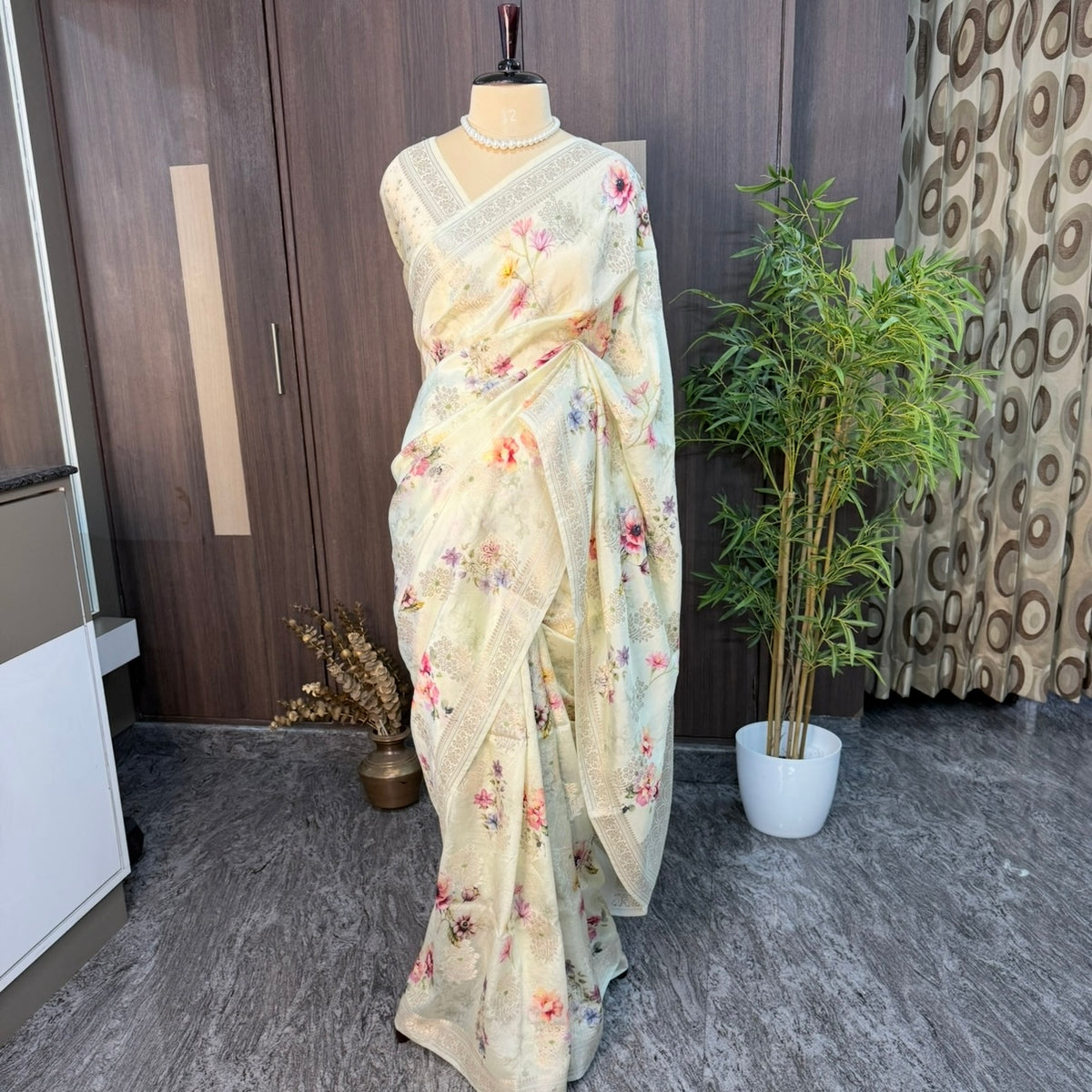 Off white Floral Crepe Silk Saree