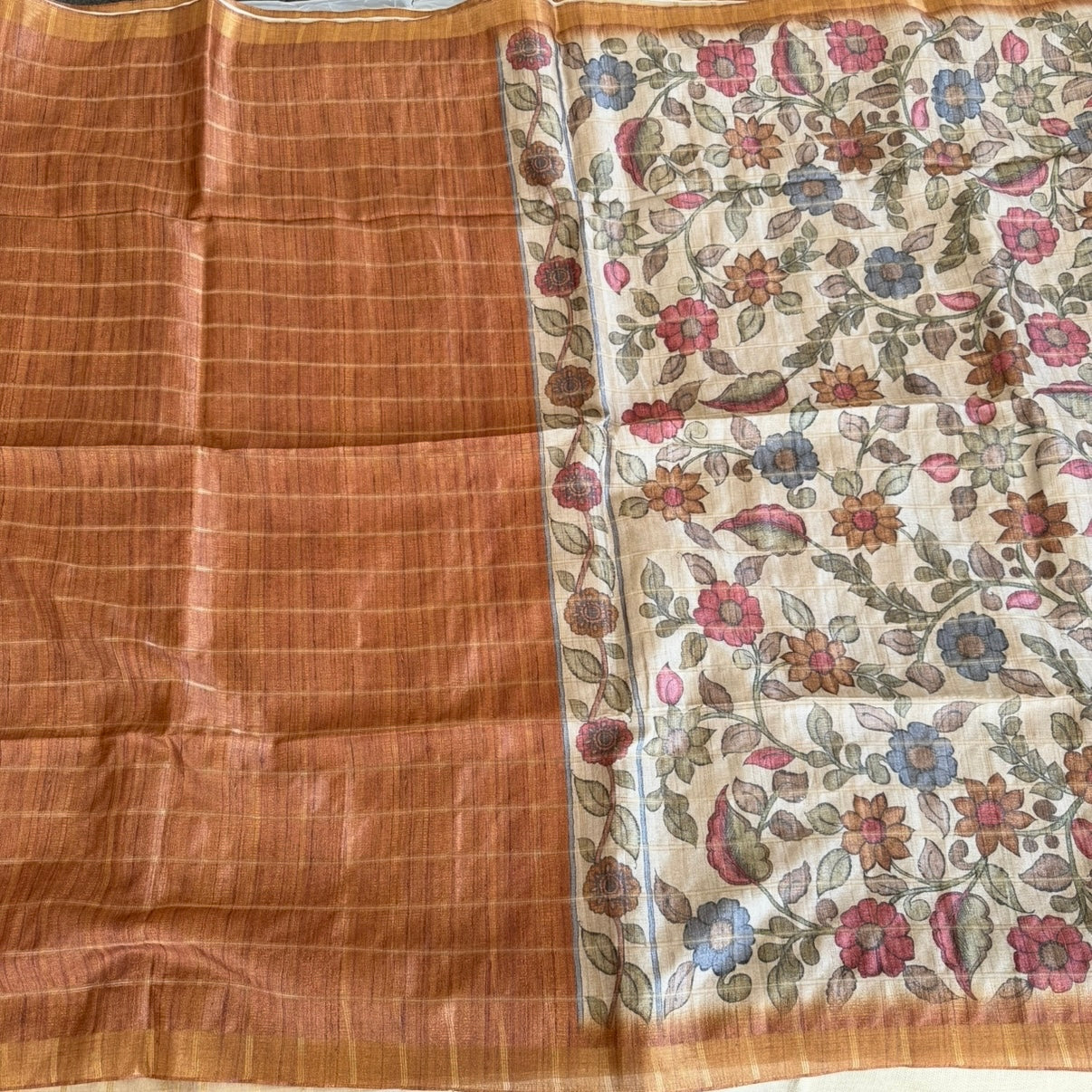 Rust Brown Checks Kalamkari Semi Tussar Saree