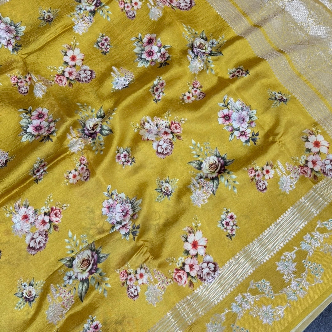Mustard Floral Digital Raw Mango Silk Saree