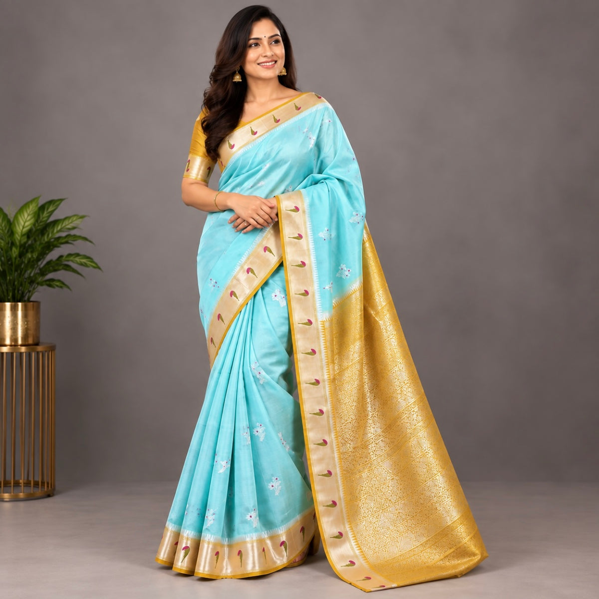 Soft pastel Aqua Floral Paithani Kora Silk Saree