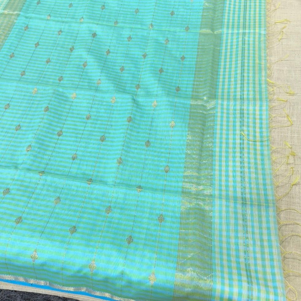 Sky Blue Yellow Checked Maheshwari Silk Cotton Saree