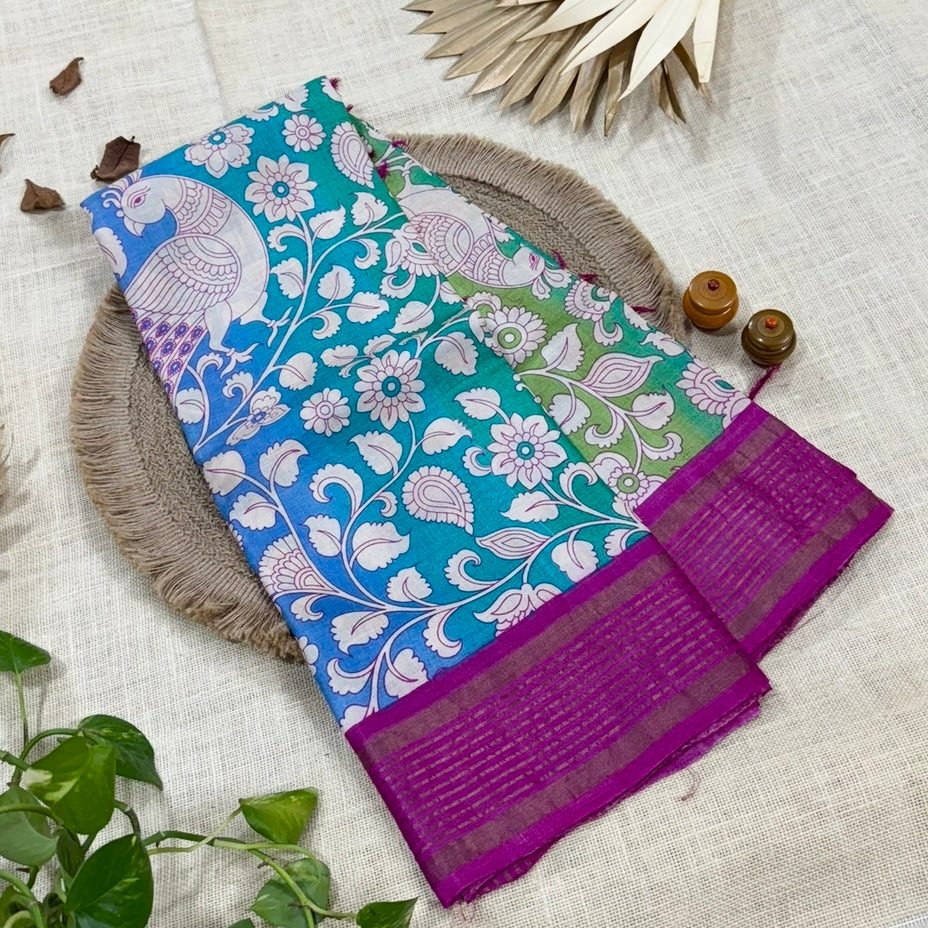 Magenta Peacock Pure Tussar Silk Saree