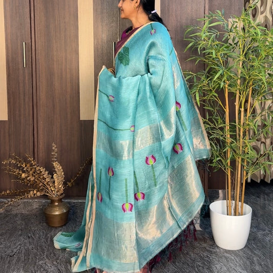 Sea Green Tussar Linen Lotus Jamdhani Silk Saree