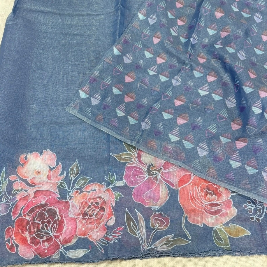 Grey Floral Tissue Semi Tussar Saree