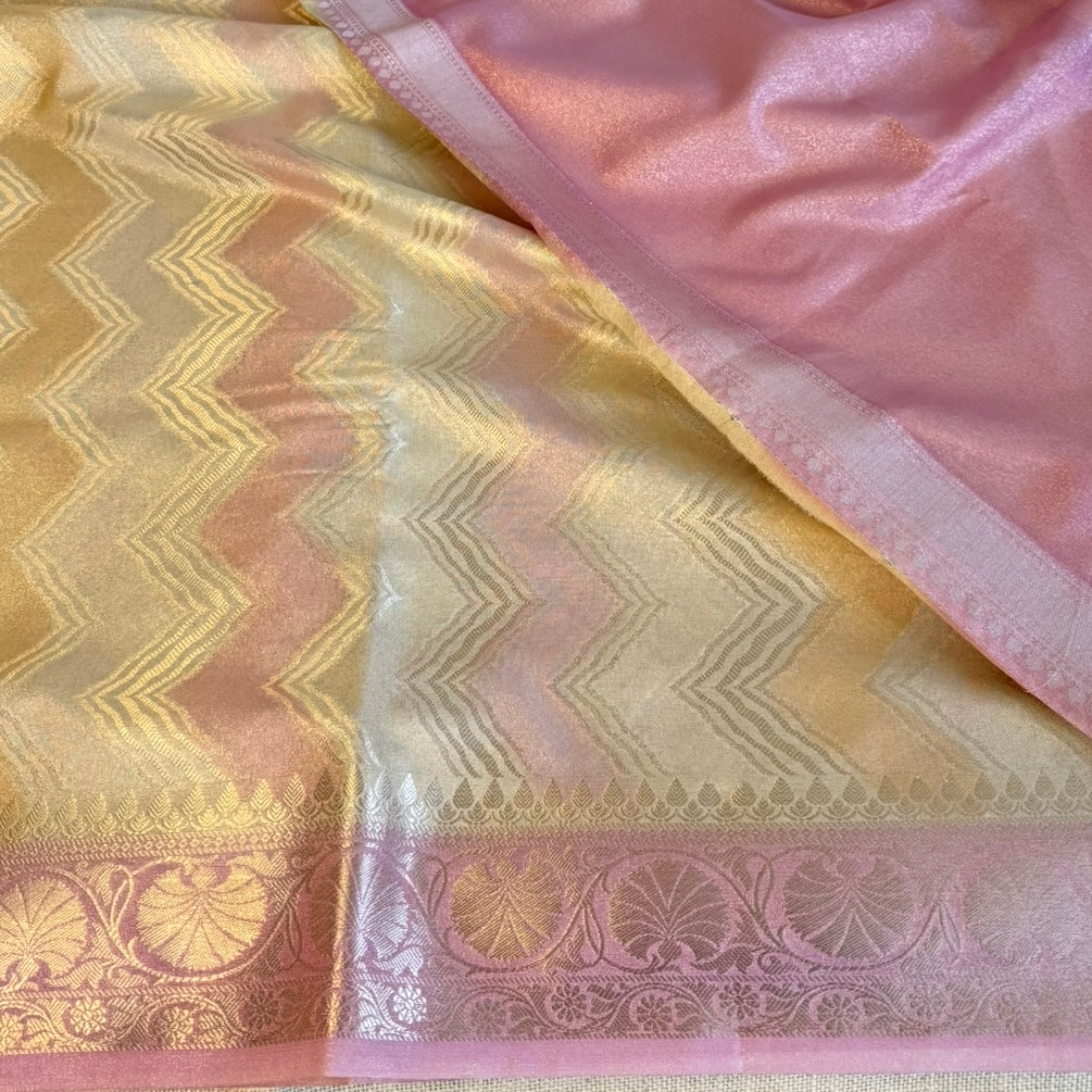 Pink Zigzag Floral Soft Tissue Silk Saree