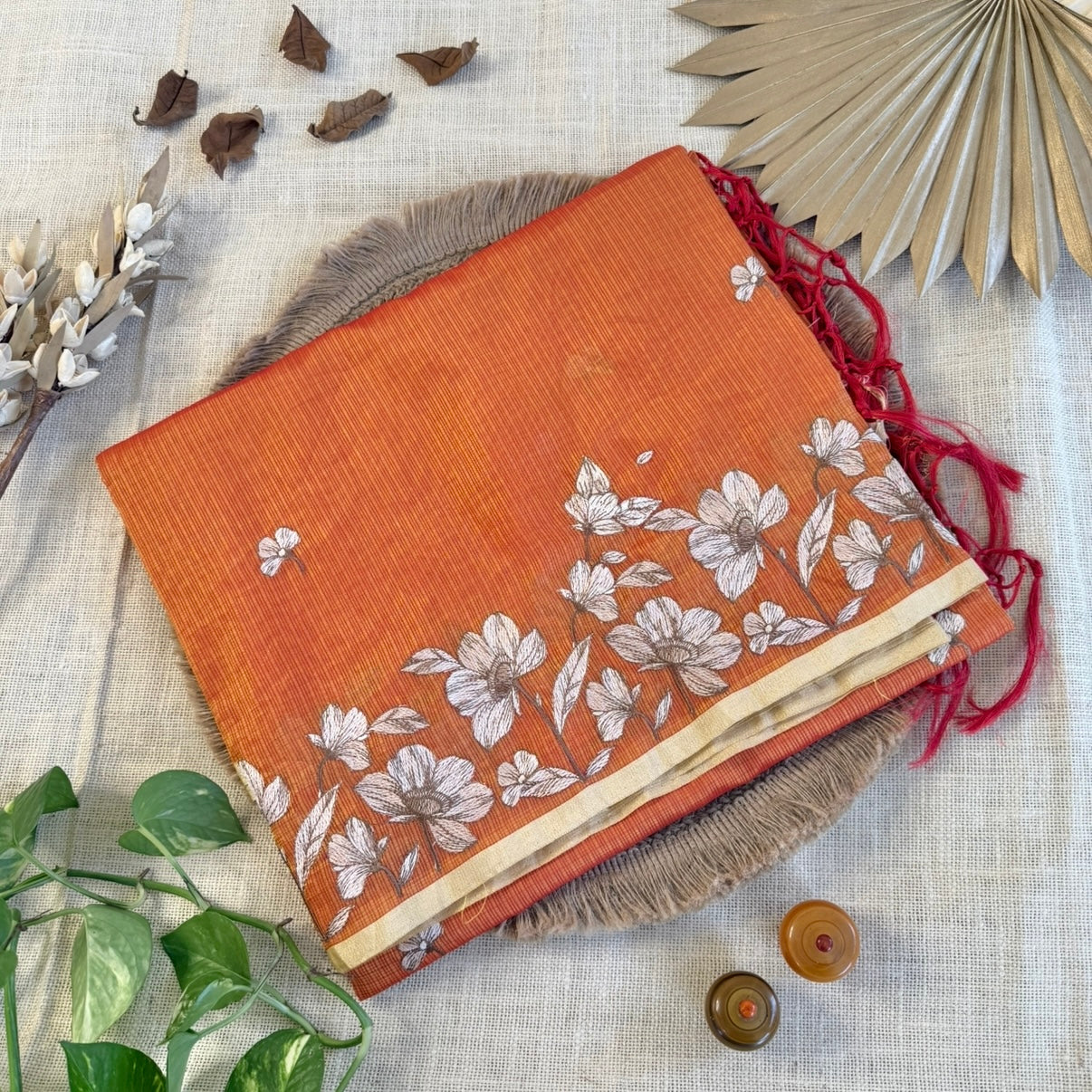 Orange Kota Tissue Embroidery Saree