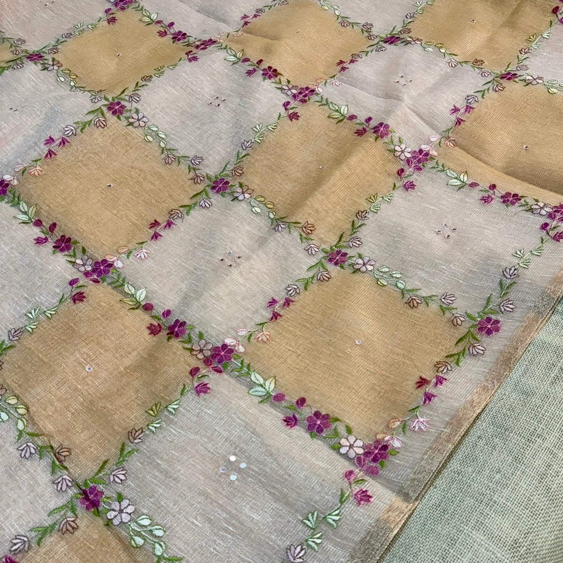 Pastel Orange Floral Embroidery Tissue Linen Saree