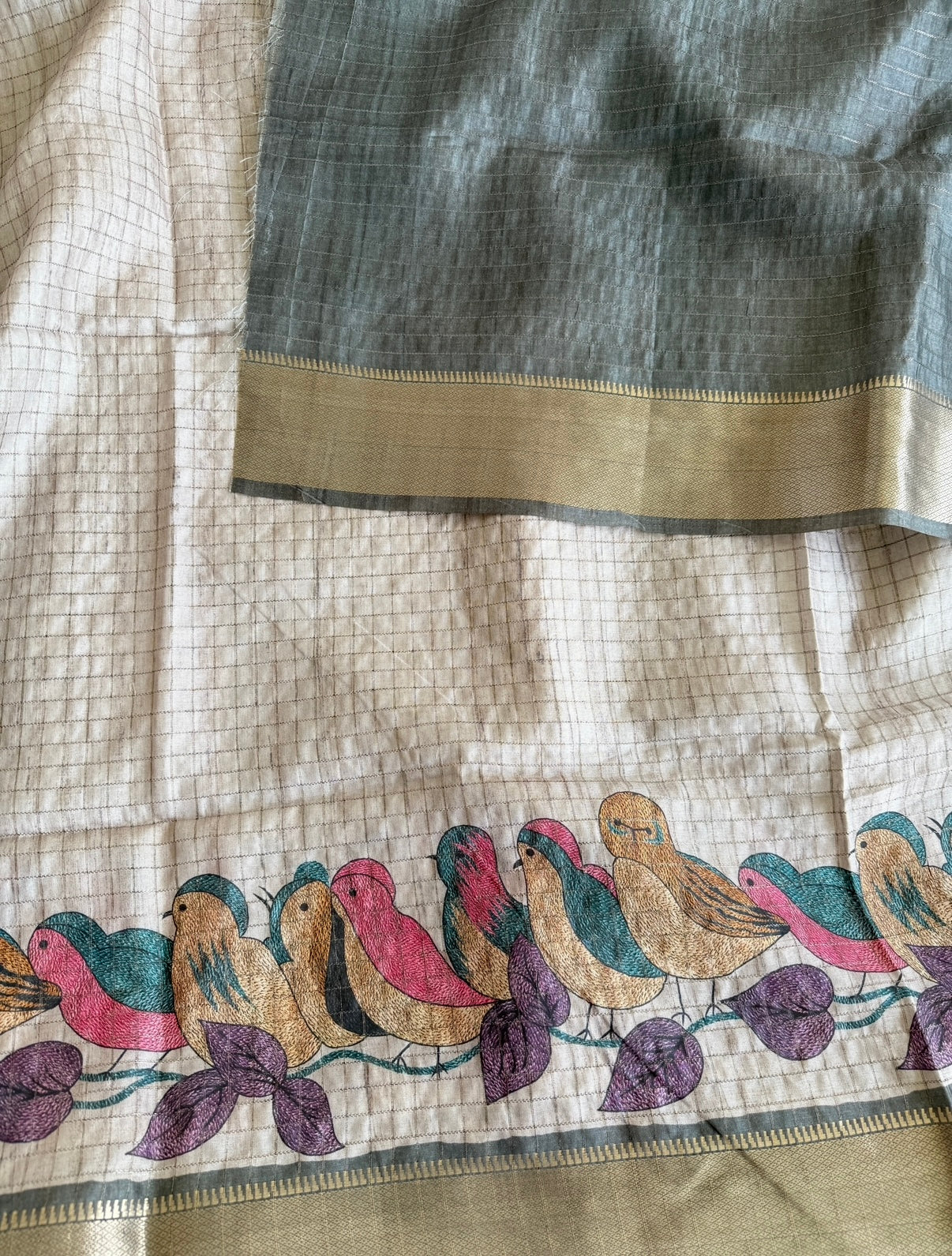 Grey Bird Kota Checks Semi Tussar Saree