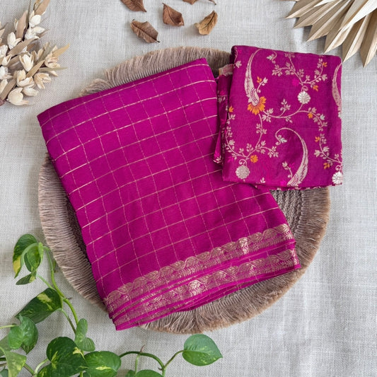 Wine Zari Checks Chinnon Saree