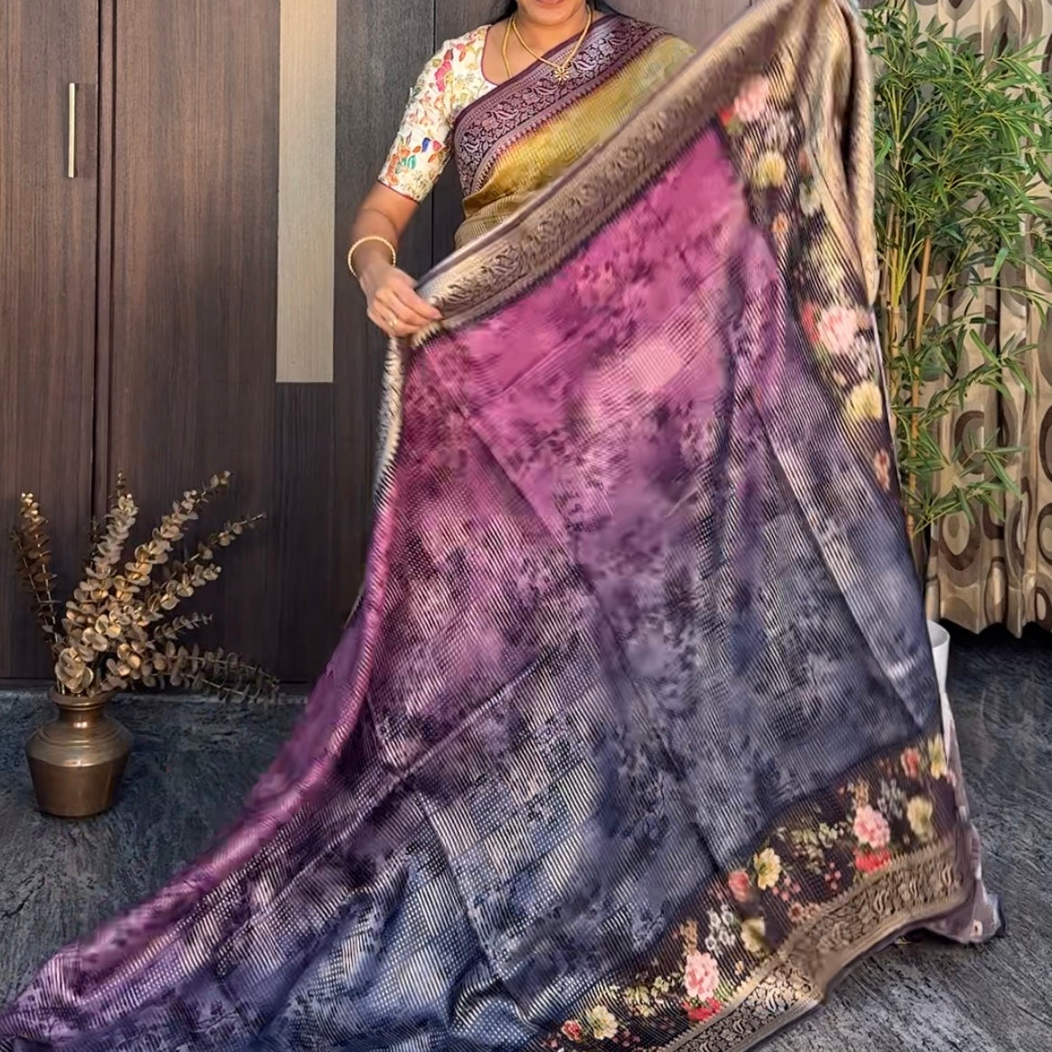 Purple Dark Blue Pure Dola Crepe Silk Saree