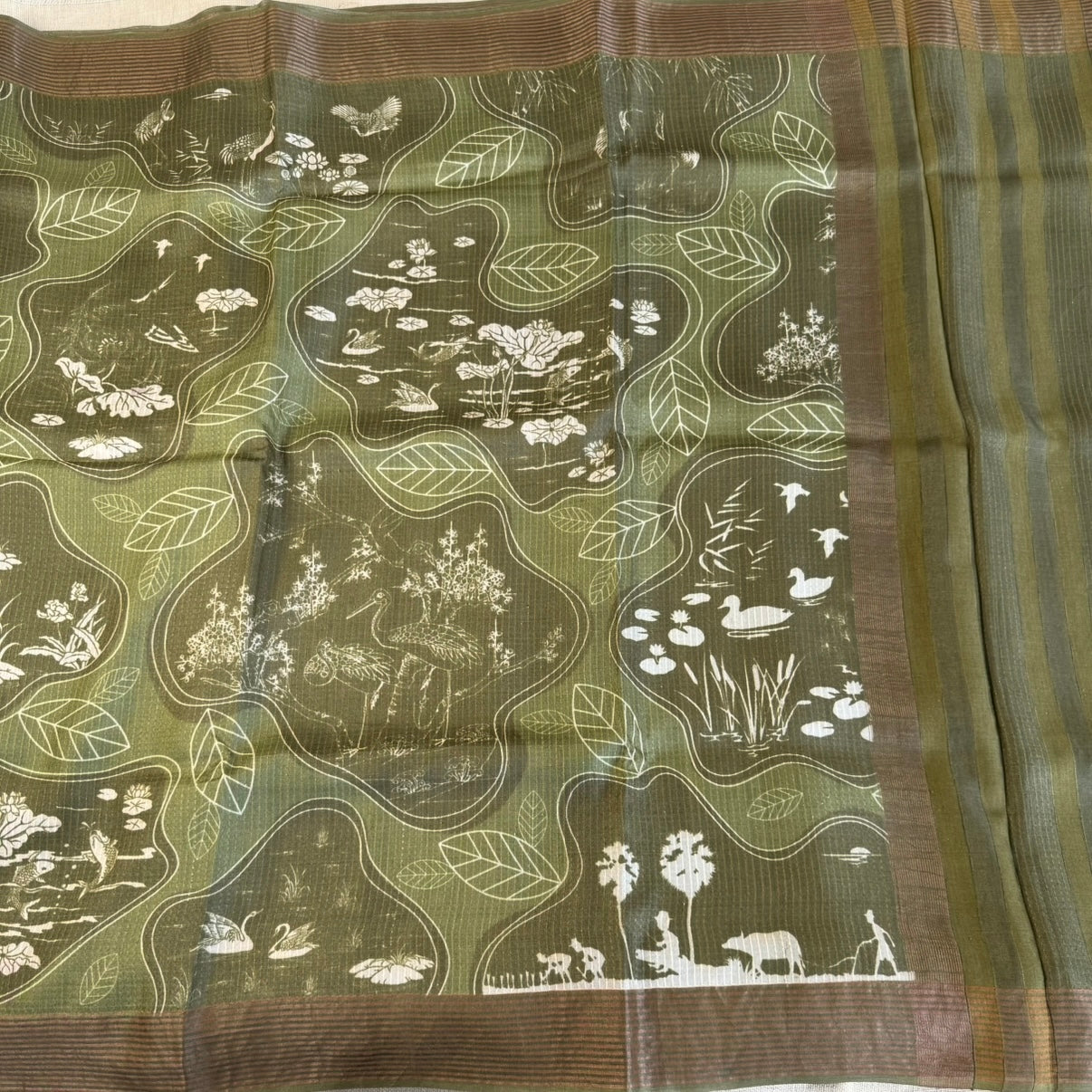 Olive Green Printed Pure Tussar Silk