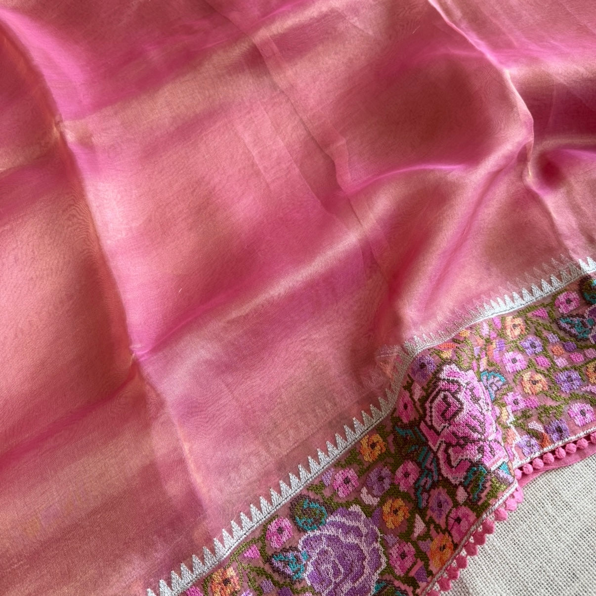 Pink Pure Tissue Petit Embroidery Saree