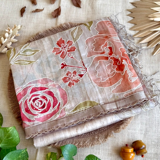 Beige Floral Embroidery Scallop Semi Tussar Saree