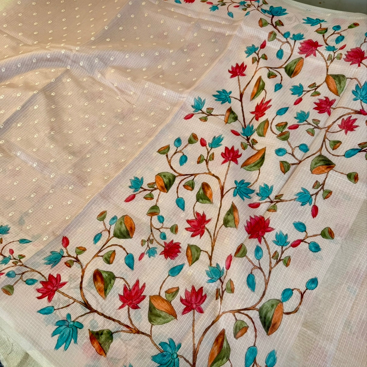 Beige Floral Embroidery Fancy Saree