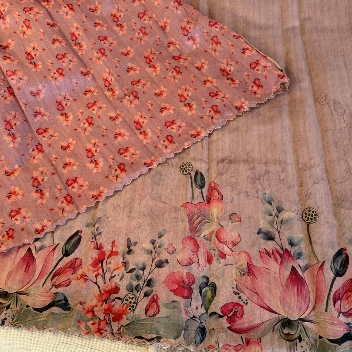 Onion Pink Floral Semi Tussar Saree